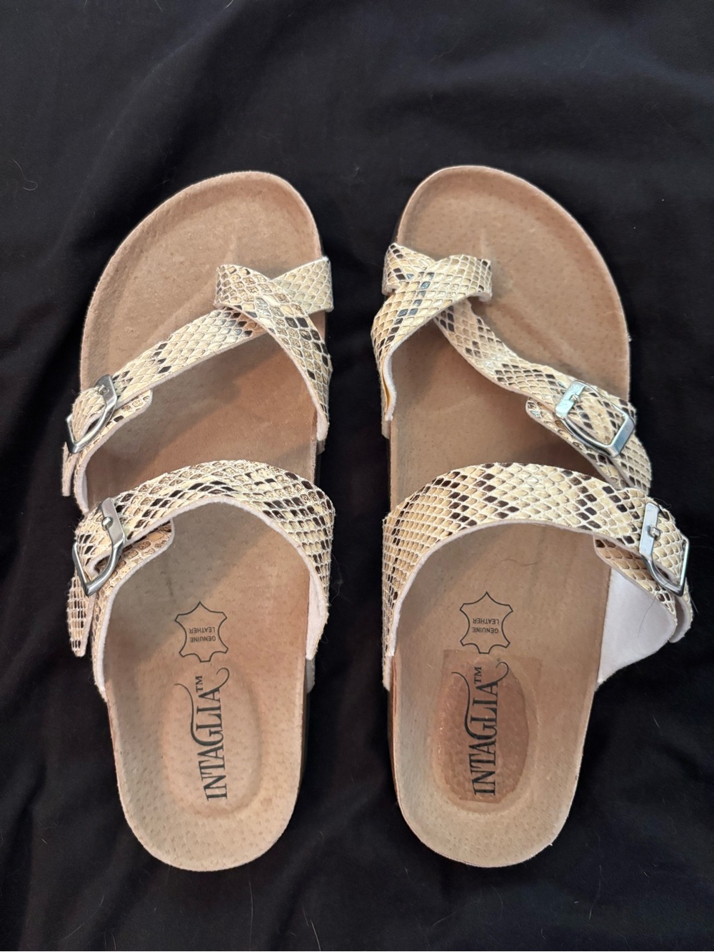 Wide width Beige Snake-Print Adjustable Strap Women’s Sandals